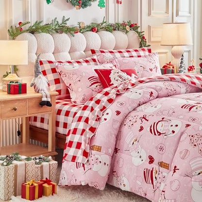 Pink Snowman Christmas Comforter Sheet Set King - 7 Pieces Holiday Bedding