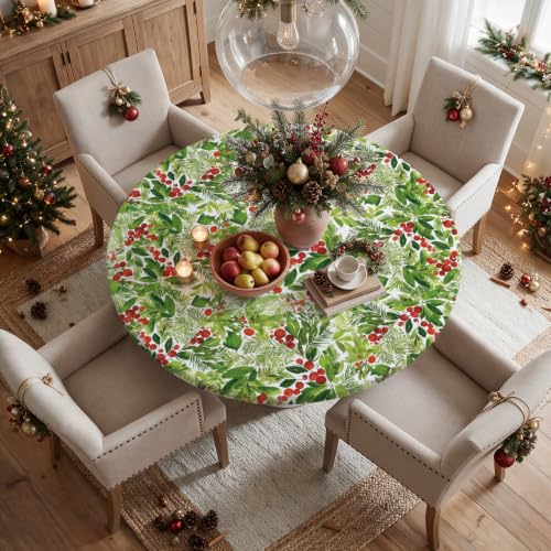 Fitted Christmas Tablecloth 45-56 Inch Round, Holly Fruits Green, 60 Inch