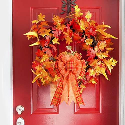 4 Pcs Large Thanksgiving Buffalo Plaid Wreath Bows - Orange Fall Decor