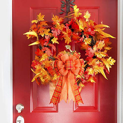 4 Pcs Large Thanksgiving Buffalo Plaid Wreath Bows - Orange Fall Decor