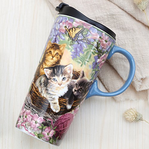 17oz Ceramic Travel Coffee Mug with Lid - Flower and Cat Design