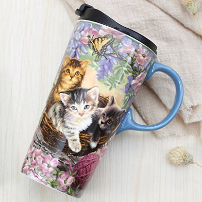 17oz Ceramic Travel Coffee Mug with Lid - Flower and Cat Design