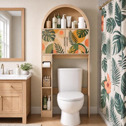 Over Toilet Storage Cabinet with Tropical Doors, Waterproof Wood Finish