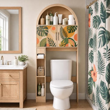 Over Toilet Storage Cabinet with Tropical Doors, Waterproof Wood Finish