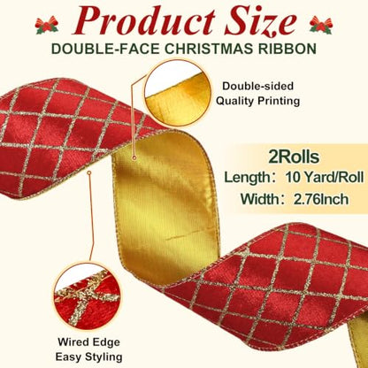 Diamond Grid Velvet Wired Christmas Ribbon - Red Gold Check, 2 Rolls, 2.76" x 10 Yards