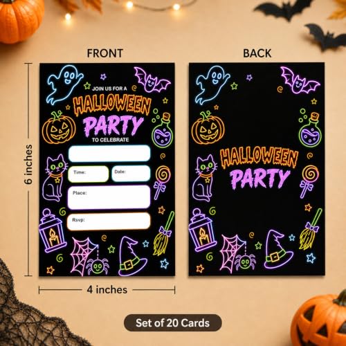 Neon Ghost Halloween Party Invitation Set - 20 Glow Cards with Envelopes