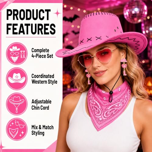 Pink Cowgirl Hat with Heart-Shaped Sunglasses & Bandana - Costume Accessory Set