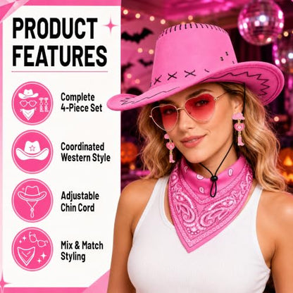 Pink Cowgirl Hat with Heart-Shaped Sunglasses & Bandana - Costume Accessory Set