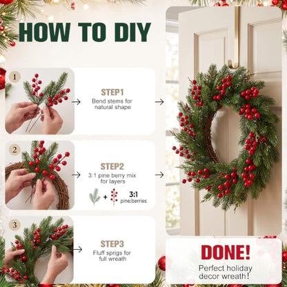 Snow Flocked Artificial Christmas Pine Stems with Red Berry Stems - 500 Pcs