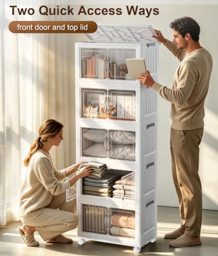 White 54 QT 5-Tier Stackable Storage Bins with Lids and Wheels - Hanyi