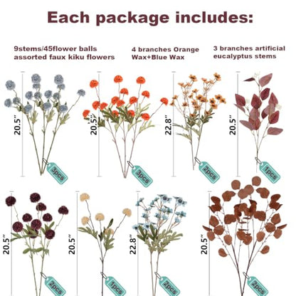 Artificial Fall Flowers Bouquet with Eucalyptus - Blue, Wine & Orange Variation