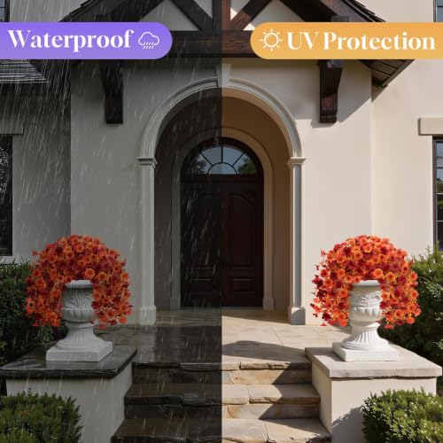 Artificial Hanging Fall Flowers - UV Resistant Orange Red 2 Pack
