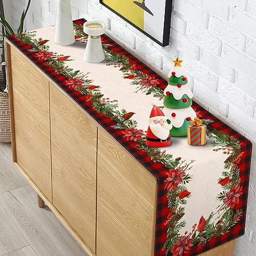 Holiday Christmas Table Runner 13x108 Inch Buffalo Plaid Poinsettia Holly