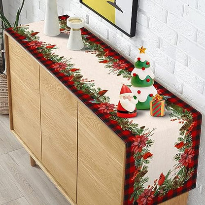 Holiday Christmas Table Runner 13x108 Inch Buffalo Plaid Poinsettia Holly