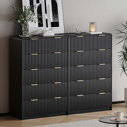 Tall 47" Black 5-Drawer Dresser with Gold Handles | Modern Fluted Panel Bedroom Storage
