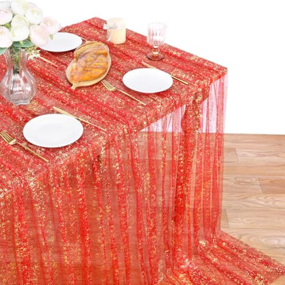 Red Gold Metallic Foil Gauze Table Cloth 57x84 Inch Rectangular Decor - Variation of THIS listing