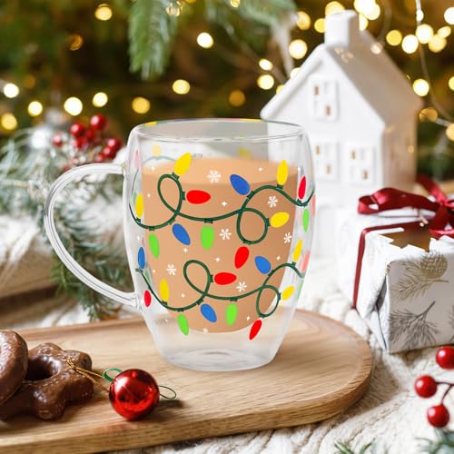Colorful Xmas Light Bulb Double Wall Glass Coffee Mugs Set of 2 - 12Oz Holiday Drinkware