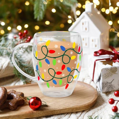 Colorful Xmas Light Bulb Double Wall Glass Coffee Mugs Set of 2 - 12Oz Holiday Drinkware