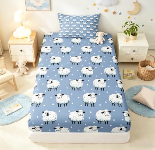 Blue Twin Size Cartoon Sheep Fitted Sheet Set with Pillowcase - Farm Animal Theme Deep Pocket Bedding for Kids Boys Girls Room Decor