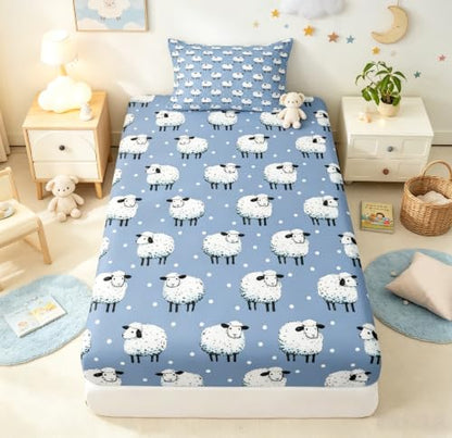 Blue Twin Size Cartoon Sheep Fitted Sheet Set with Pillowcase - Farm Animal Theme Deep Pocket Bedding for Kids Boys Girls Room Decor