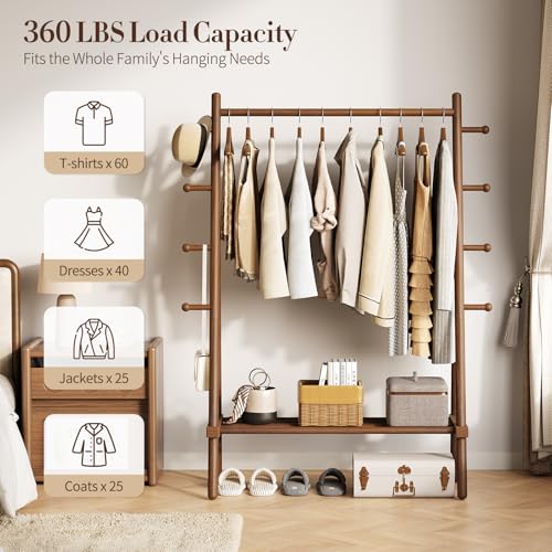 Yoobure Walnut Solid Wood Clothes Rack with 8 Hooks & Shelf - Heavy Duty Freestanding Garment Organizer