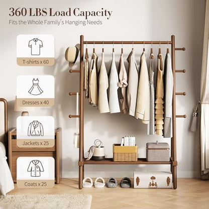 Yoobure Walnut Solid Wood Clothes Rack with 8 Hooks & Shelf - Heavy Duty Freestanding Garment Organizer