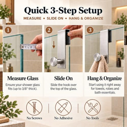 7.5 Inch Frameless Glass Shower Door Hooks Set of 2 Brushed Nickel - Adjustable Towel & Robe Hangers