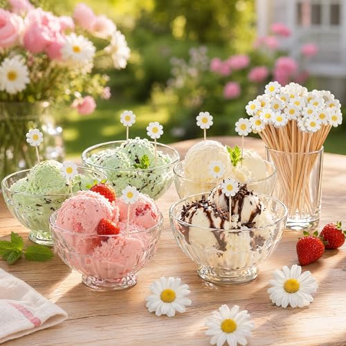 Daisy Cocktail Picks 100 Pack - 4.7 Inch Bamboo Appetizer Skewers for Party