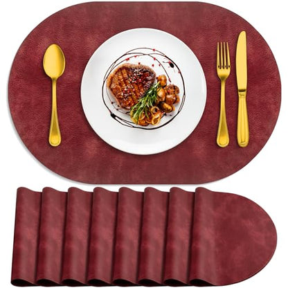 ADRIMER Oval Faux Leather Placemats Set of 8 - Wipeable Wine Red