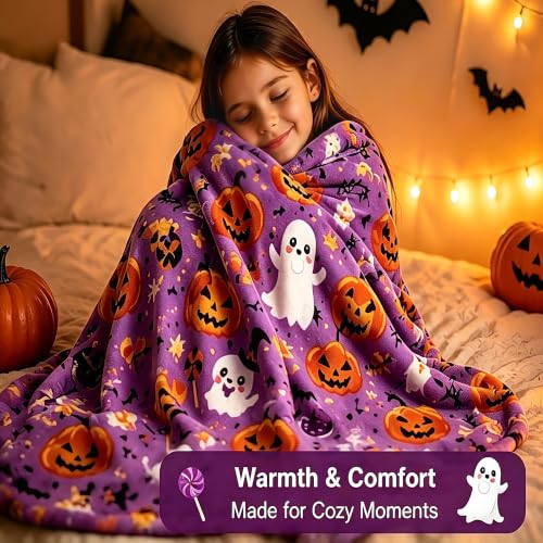 Halloween Throw Blanket Soft Flannel Ghost Pumpkin Decor for Couch Bed - Purple Pumpkin & Ghosts 40x50