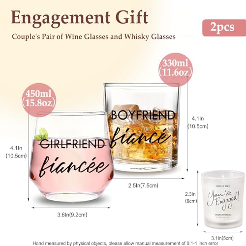 Engagement Gift Set for Couples - 10 oz Whiskey & 12 oz Wine Glasses - Fiancé and Fiancée Variation