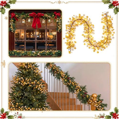 Gold Christmas Ball Garland with LED Lights - 9 ft Holiday Decoration - Variation: Gold