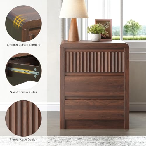 Nightstand Set of 2 Walnut Fluted End Tables with 3 Drawers - 20 Inch Mid-Century Living Room Bed Side Tables