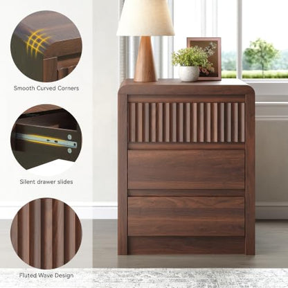 Nightstand Set of 2 Walnut Fluted End Tables with 3 Drawers - 20 Inch Mid-Century Living Room Bed Side Tables