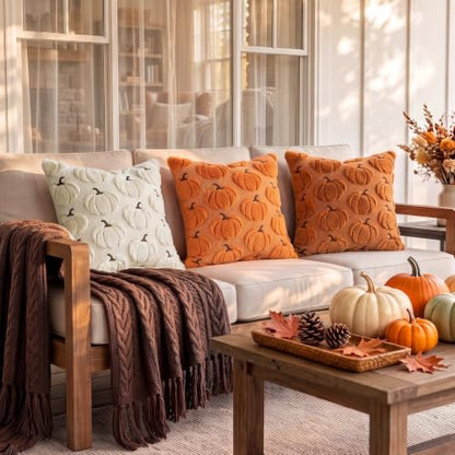 Rust Fall Pumpkin Throw Pillow Covers 18x18 Set of 2 - Farmhouse Decor