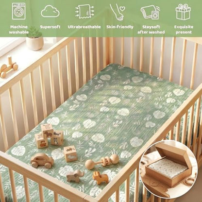 2-Pack Baby Muslin Crib Sheets - Green Leaf, 52 x 28 Inches, Elastic Fit