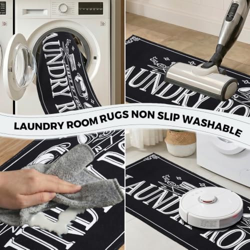 Black Laundry Room Rug Runner 20" x 47" Non-Slip Quick Dry Floor Mat