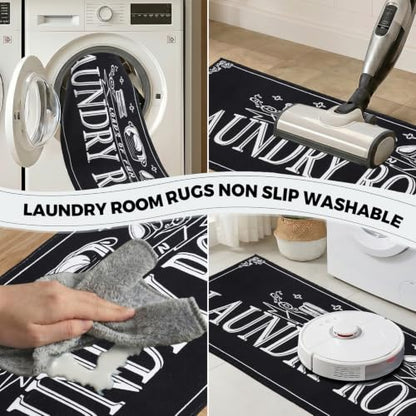 Black Laundry Room Rug Runner 20" x 47" Non-Slip Quick Dry Floor Mat