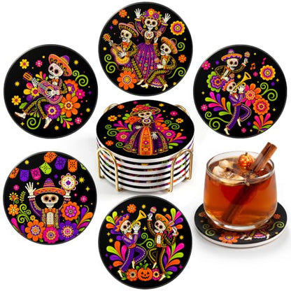 Multicolor Day of the Dead Ceramic Coasters Set of 6 with Holder - Mexican Sugar Skull Decor
