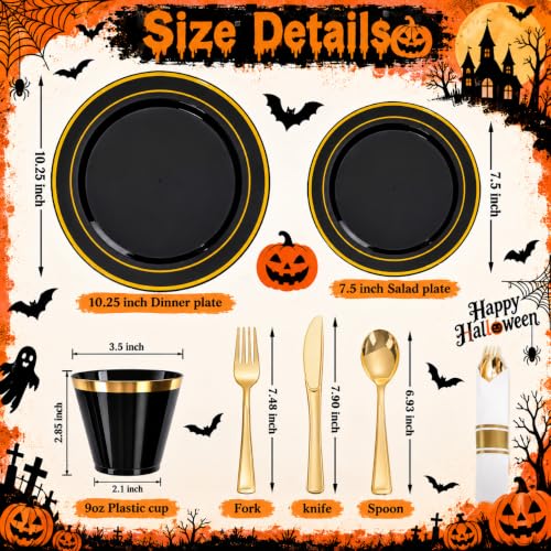 Black and Gold Plastic Dinnerware Set for 50 Guests - 350 Pieces, Includes Plates Cups Napkins