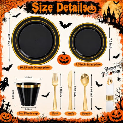 Black and Gold Plastic Dinnerware Set for 50 Guests - 350 Pieces, Includes Plates Cups Napkins