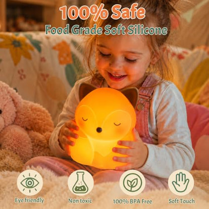 Kids Fox Night Light - Squishy Silicone Bedside Lamp for Nursery & Toddler