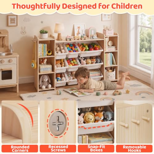Toy Storage Organizer with Bookshelf and Bins - Solid Pine Kids Playroom Storage