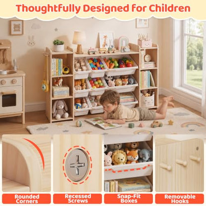 Toy Storage Organizer with Bookshelf and Bins - Solid Pine Kids Playroom Storage