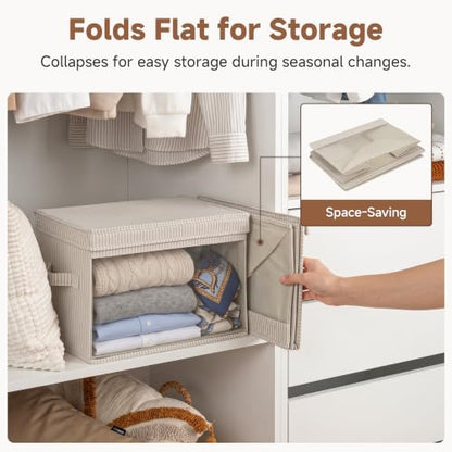 Large Fabric Storage Bins with Lids - Khaki & Beige Stripes, Collapsible Closet Organizers