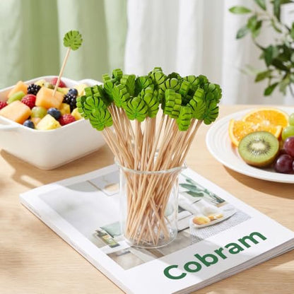 120 Pcs Green Monstera Leaf Cocktail Picks - Bamboo Fancy Appetizer Skewers