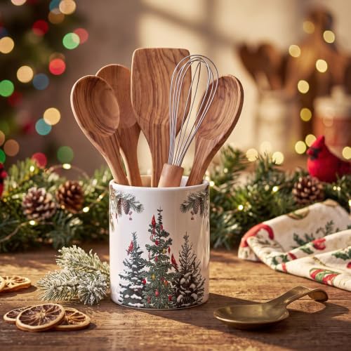 Christmas Utensil Holder with Cardinal Birds and Pine Tree Design - Rustic Ceramic Kitchen Organizer - Variation of Christmas Tree