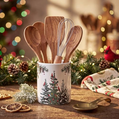 Christmas Utensil Holder with Cardinal Birds and Pine Tree Design - Rustic Ceramic Kitchen Organizer - Variation of Christmas Tree