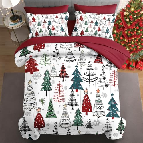 WeCozy King Christmas Comforter Set with Sheets - 7 Pieces Winter Bedding, Xmas Tree Variation