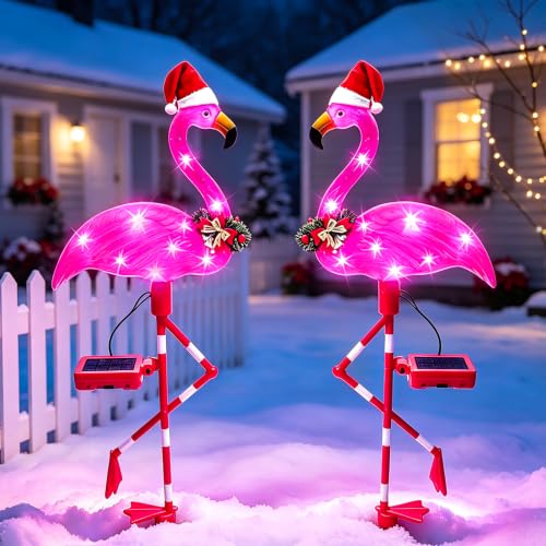 Pink Flamingo Solar Christmas Yard Decorations - 2 Pack Outdoor Lights